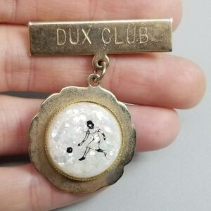 Vintage Dux Club Retro Women's Bowling Brooch, Gold Tone Charm Pendant